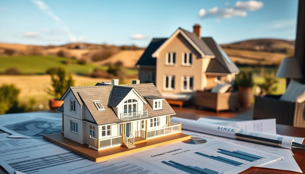 A cozy, well-appointed home set against a backdrop of rolling hills and a clear blue sky. In the foreground, a detailed architectural model of the primary residence, showcasing its elegant design and construction. The model is surrounded by various financial documents and charts, illustrating the exemptions and reliefs available for inheritance tax on the main property. Warm lighting creates a sense of comfort and security, while the overall composition conveys a tone of informed financial planning and asset protection. The scene is captured through a wide-angle lens, emphasizing the importance and scale of the primary residence within the context of estate planning.