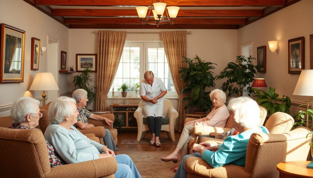 A cozy, well-lit care home interior, with a warm, inviting atmosphere. In the foreground, a group of elderly residents sitting comfortably in armchairs, engaged in conversation. In the middle ground, a nurse or caregiver tending to their needs, creating a sense of attentive care. The background features tasteful decor, such as framed artwork and potted plants, conveying a sense of homely elegance. The lighting is soft and natural, casting a gentle glow throughout the scene. The overall mood is one of tranquility, comfort, and the caring support provided by the care home staff.