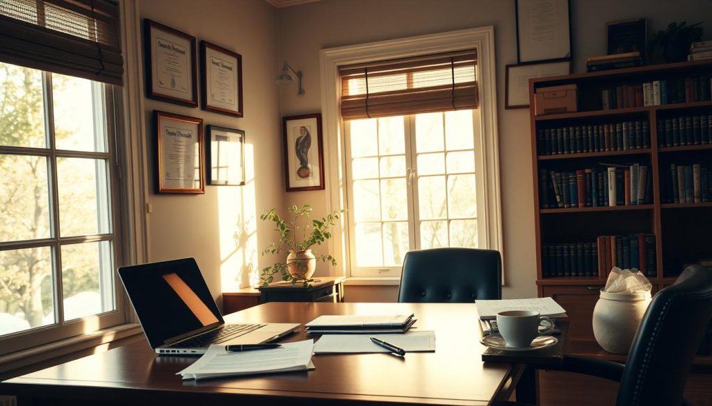 A cozy, well-lit home office, bathed in soft natural light filtering through large windows. On the desk, a laptop, a stack of documents, and a pen resting alongside a cup of tea. Framed certificates and financial guides adorn the walls, conveying a sense of expertise and professionalism. A bookshelf in the corner houses volumes on tax planning and estate management. The overall atmosphere is one of thoughtful contemplation, as the viewer is invited to consider strategies for navigating the complexities of inheritance tax relief.