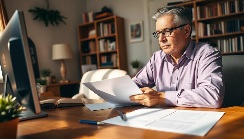 A cozy, well-lit home office with a desk, a computer, and bookshelves in the background. On the desk, a pen, paper, and legal documents related to estate planning. A middle-aged person, possibly a financial advisor or lawyer, sits at the desk, contemplating the documents with a thoughtful expression. Warm, natural lighting from a nearby window casts a soft glow over the scene, creating a professional yet inviting atmosphere. The overall composition conveys the idea of careful consideration and expertise in the field of spouse inheritance tax planning. A cozy, well-lit home office with a desk, a computer, and bookshelves in the background. On the desk, a pen, paper, and legal documents related to estate planning. A middle-aged person, possibly a financial advisor or lawyer, sits at the desk, contemplating the documents with a thoughtful expression. Warm, natural lighting from a nearby window casts a soft glow over the scene, creating a professional yet inviting atmosphere. The overall composition conveys the idea of careful consideration and expertise in the field of spouse inheritance tax planning.