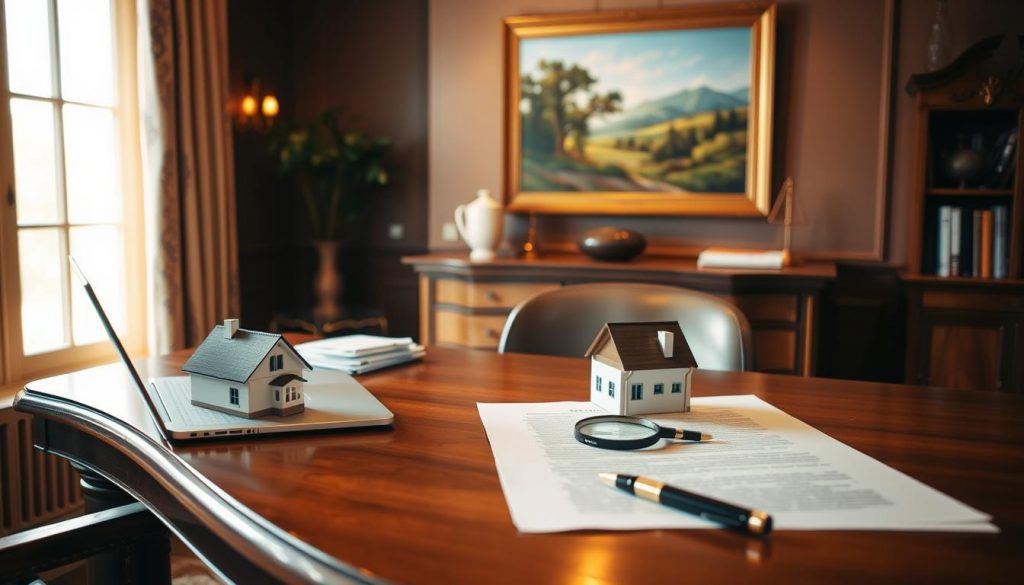 A cozy, well-lit office setting featuring a large wooden desk with an open laptop, a stack of documents, and a pen. In the background, a tasteful landscape painting on the wall. On the desk, a model of a house and a magnifying glass, symbolizing the careful consideration of estate planning with a property trust. The lighting is warm and inviting, conveying a sense of diligence and attention to detail. The overall atmosphere is professional yet approachable, reflecting the importance of the subject matter. A cozy, well-lit office setting featuring a large wooden desk with an open laptop, a stack of documents, and a pen. In the background, a tasteful landscape painting on the wall. On the desk, a model of a house and a magnifying glass, symbolizing the careful consideration of estate planning with a property trust. The lighting is warm and inviting, conveying a sense of diligence and attention to detail. The overall atmosphere is professional yet approachable, reflecting the importance of the subject matter.