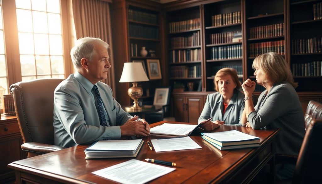 A cozy, well-lit office setting with a large mahogany desk, a plush leather chair, and floor-to-ceiling bookshelves. On the desk, a stack of legal documents, a pen, and a thoughtful-looking middle-aged person, likely a lawyer or financial advisor, discussing the intricacies of trust dissolution with a concerned-looking couple seated across from them. Soft, natural lighting filters through the window, casting a warm glow on the scene. The overall mood is one of professionalism, empathy, and a focus on the beneficiaries' rights and concerns during this complex legal process. A cozy, well-lit office setting with a large mahogany desk, a plush leather chair, and floor-to-ceiling bookshelves. On the desk, a stack of legal documents, a pen, and a thoughtful-looking middle-aged person, likely a lawyer or financial advisor, discussing the intricacies of trust dissolution with a concerned-looking couple seated across from them. Soft, natural lighting filters through the window, casting a warm glow on the scene. The overall mood is one of professionalism, empathy, and a focus on the beneficiaries' rights and concerns during this complex legal process.