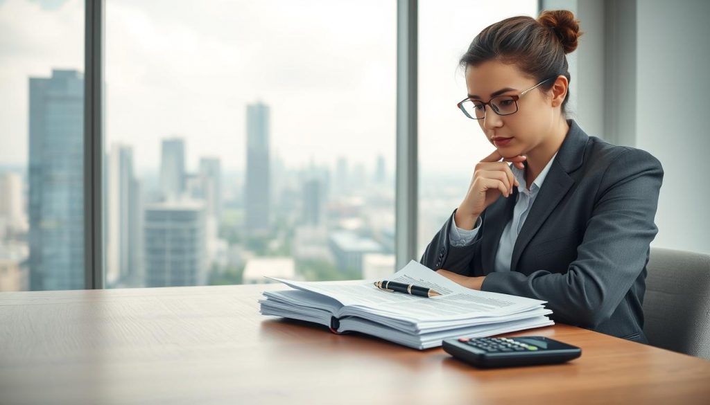 A crisp, airy office setting with a wooden desk, a glass window overlooking a bustling city skyline. On the desk, a stack of official documents, a pen, and a calculator symbolizing the complex financial calculations involved in inheritance taxation. The lighting is soft and diffused, creating a contemplative atmosphere. In the foreground, a thoughtful-looking person, dressed in professional attire, studying the documents intently, their expression conveying the challenge of navigating the nuances of double taxation avoidance. The overall scene evokes the idea of diligence, precision, and the pursuit of financial fairness in the context of inheritance.