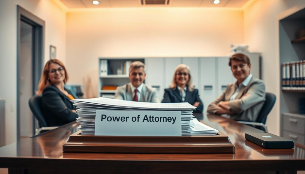 A crisp, well-lit office scene showcases the power of attorney process. In the foreground, a lawyer's desk with a carefully arranged stack of documents and a sign reading "Power of Attorney" takes center stage. Surrounding the desk, clients sit attentively, expressions conveying the gravity of the moment. Warm yet professional lighting casts a sense of authority, while the clean, modern decor suggests a trusted, reputable establishment. In the background, filing cabinets and bookshelves hint at the legal expertise and meticulous record-keeping required for this important legal procedure. The overall atmosphere exudes a tone of expertise, security, and care for the family's future. A crisp, well-lit office scene showcases the power of attorney process. In the foreground, a lawyer's desk with a carefully arranged stack of documents and a sign reading "Power of Attorney" takes center stage. Surrounding the desk, clients sit attentively, expressions conveying the gravity of the moment. Warm yet professional lighting casts a sense of authority, while the clean, modern decor suggests a trusted, reputable establishment. In the background, filing cabinets and bookshelves hint at the legal expertise and meticulous record-keeping required for this important legal procedure. The overall atmosphere exudes a tone of expertise, security, and care for the family's future.