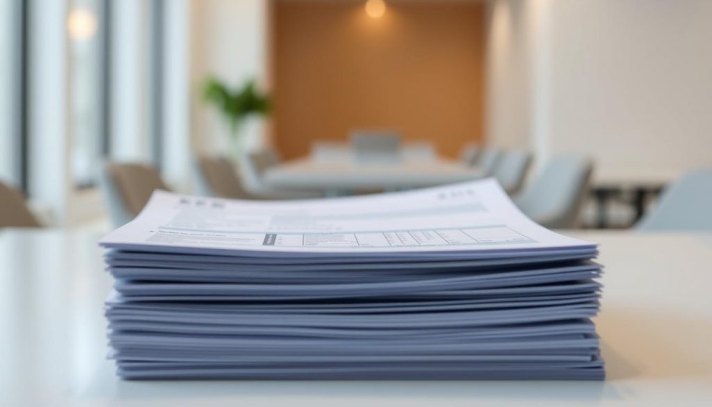 A detailed HMRC tax form completion guide with a clean, minimalist design. The guide is presented as a stack of neatly organized pages in the foreground, with a soft, diffused lighting illuminating the forms. The background is a blurred, neutral office setting, hinting at the professional context. The guide's layout is structured and easy to navigate, with clear sections and well-spaced fields. The overall mood is one of efficiency, organization, and attention to detail, reflecting the importance of accurately filling out tax documents.