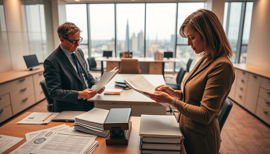 A detailed administrative process unfolds as inheritance tax is collected. In the foreground, a government official diligently reviews documents, meticulously calculating the owed amount. In the middle ground, a series of stamped forms and ledgers suggest the bureaucratic machinery at work. The background depicts a modern office setting, with sleek desks, filing cabinets, and a view of the city skyline through large windows, conveying a sense of institutional authority. The lighting is warm and professional, casting a subtle glow over the scene. This prompt aims to capture the intricate, systematic nature of the inheritance tax collection procedure in the UK. A detailed administrative process unfolds as inheritance tax is collected. In the foreground, a government official diligently reviews documents, meticulously calculating the owed amount. In the middle ground, a series of stamped forms and ledgers suggest the bureaucratic machinery at work. The background depicts a modern office setting, with sleek desks, filing cabinets, and a view of the city skyline through large windows, conveying a sense of institutional authority. The lighting is warm and professional, casting a subtle glow over the scene. This prompt aims to capture the intricate, systematic nature of the inheritance tax collection procedure in the UK.