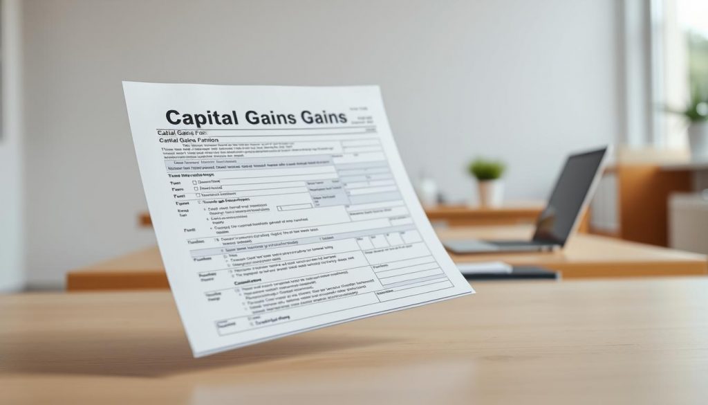 A detailed capital gains tax form floating in a well-lit office setting, with a clean and organized layout. The form is positioned in the foreground, showcasing its structure and design. The middle ground features a wooden desk, a laptop, and a few office supplies, creating a professional and administrative atmosphere. The background is blurred, suggesting a neutrally colored wall or window view, allowing the form to be the focal point. The lighting is soft and natural, casting gentle shadows that accentuate the form's textures and dimensions. The overall mood is one of clarity, efficiency, and attention to detail, reflecting the importance of accurately completing a capital gains tax document.
