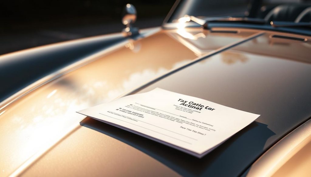 A detailed classic car, its sleek chrome and polished steel glimmering under a warm afternoon sun. In the foreground, a document representing a vehicle transfer or ownership change lies atop the car's gleaming hood, casting a subtle shadow. The background blurred, focusing attention on the subtle interplay of light, metal, and the implied tax implications of this pivotal moment. Crisp, high-contrast lighting accentuates the car's timeless design, conveying a sense of historical significance and the weight of financial decisions surrounding classic car ownership. A detailed classic car, its sleek chrome and polished steel glimmering under a warm afternoon sun. In the foreground, a document representing a vehicle transfer or ownership change lies atop the car's gleaming hood, casting a subtle shadow. The background blurred, focusing attention on the subtle interplay of light, metal, and the implied tax implications of this pivotal moment. Crisp, high-contrast lighting accentuates the car's timeless design, conveying a sense of historical significance and the weight of financial decisions surrounding classic car ownership.