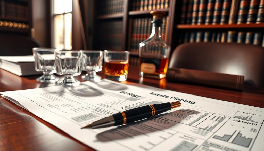 A detailed estate planning strategy blueprint unfurled on a mahogany desk, casting a warm glow from soft studio lighting. In the foreground, a fountain pen rests atop meticulously organized legal documents. Behind it, a trio of elegant crystal tumblers and a decanter of amber-hued liquor, evoking a sense of thoughtful contemplation. In the background, tall bookshelves lined with leather-bound volumes, a subtle nod to the wealth of knowledge and experience required for comprehensive estate planning. The overall mood is one of refined sophistication, inspiring confidence in the viewer's ability to secure their financial future. A detailed estate planning strategy blueprint unfurled on a mahogany desk, casting a warm glow from soft studio lighting. In the foreground, a fountain pen rests atop meticulously organized legal documents. Behind it, a trio of elegant crystal tumblers and a decanter of amber-hued liquor, evoking a sense of thoughtful contemplation. In the background, tall bookshelves lined with leather-bound volumes, a subtle nod to the wealth of knowledge and experience required for comprehensive estate planning. The overall mood is one of refined sophistication, inspiring confidence in the viewer's ability to secure their financial future.