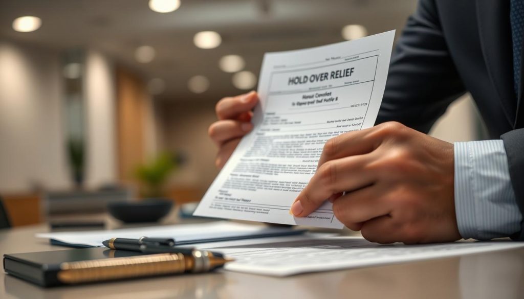 A detailed, high-resolution image of a person submitting a hold over relief form. The foreground shows a hands holding and completing a physical form, with a pen or pencil. The middle ground depicts a desk or surface, with the form and writing materials. The background is a neutral, slightly blurred office environment, with subtle lighting providing a sense of depth and atmosphere. The overall scene conveys a professional, administrative setting where important documents are being processed.
