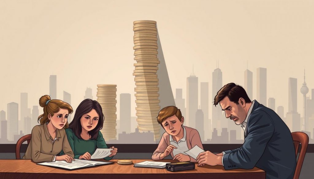 A detailed illustration depicting the economic implications of inheritance tax. In the foreground, a family gathered around a table, concerned expressions on their faces as they review financial documents. In the middle ground, a towering stack of coins representing the wealth being taxed, casting a long shadow. In the background, a cityscape of skyscrapers, representing the broader economic impact, bathed in a somber, muted lighting. The overall mood is one of worry and uncertainty, highlighting the weighty consequences of inheritance tax on personal and societal finances. A detailed illustration depicting the economic implications of inheritance tax. In the foreground, a family gathered around a table, concerned expressions on their faces as they review financial documents. In the middle ground, a towering stack of coins representing the wealth being taxed, casting a long shadow. In the background, a cityscape of skyscrapers, representing the broader economic impact, bathed in a somber, muted lighting. The overall mood is one of worry and uncertainty, highlighting the weighty consequences of inheritance tax on personal and societal finances.