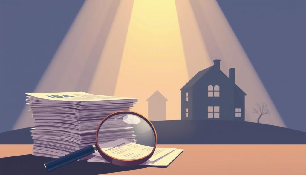 A detailed illustration depicting the relationship between Individual Savings Accounts (ISAs) and Inheritance Tax (IHT) in the UK. In the foreground, a stack of ISA statements and a magnifying glass examining them, symbolizing the financial implications. In the middle ground, a family home silhouetted against a soft, ethereal background, representing the inheritance aspect. Subtle rays of light illuminate the scene, creating a contemplative atmosphere. The composition emphasizes the interplay between these two financial instruments, guiding the viewer to understand their interconnected nature within the context of UK estate planning.