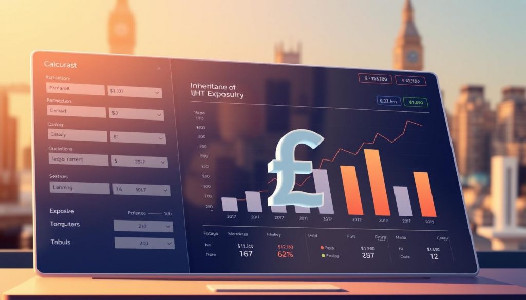A detailed illustration of a financial calculation dashboard, showcasing the computation of Inheritance Tax (IHT) exposure. The foreground features a sleek, modern interface with input fields, calculation parameters, and interactive visualizations. The middle ground displays a transparent 3D model of a pound sign, symbolizing the financial assets being assessed. The background is a softly blurred cityscape, hinting at the broader context of estate planning and wealth transfer. The lighting is warm and directional, creating depth and emphasizing the focal points. The overall mood is one of precision, clarity, and a sense of control over a complex financial decision.