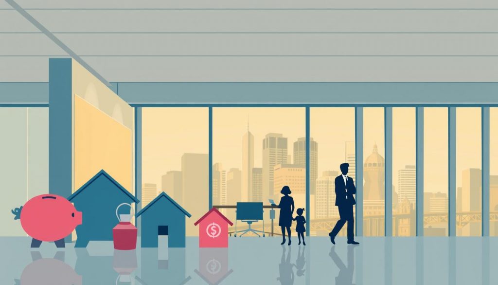A detailed illustration of common trust fund types in the UK, captured in a crisp, architectural composition. In the foreground, various trust fund icons such as a piggy bank, house, and family silhouette are prominently displayed. The middle ground features a sleek, modern financial office interior with clean lines and warm lighting, suggesting a professional and trustworthy setting. In the background, the skyline of a major UK city provides a cityscape backdrop, conveying the national scope and significance of these trust fund vehicles. The overall mood is one of security, stability, and financial expertise.