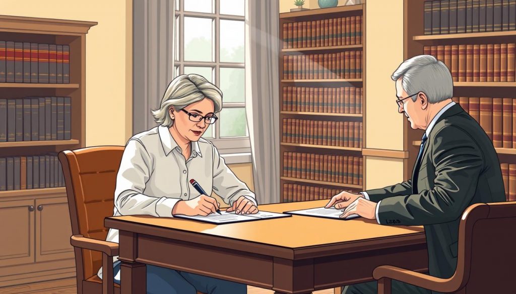 A detailed illustration of establishing a legal trust in the United Kingdom. The scene depicts a middle-aged couple sitting at a wooden desk, signing official documents witnessed by a financial advisor in a suit. Soft natural lighting filters through a window, creating a warm, professional atmosphere. The couple's expressions convey a sense of security and confidence as they transfer their assets into the trust. The advisor's posture suggests guidance and expertise. The background features bookshelves filled with legal tomes, hinting at the intricacies of trust law. The overall composition emphasizes the careful, deliberate process of setting up a trust to safeguard one's legacy.