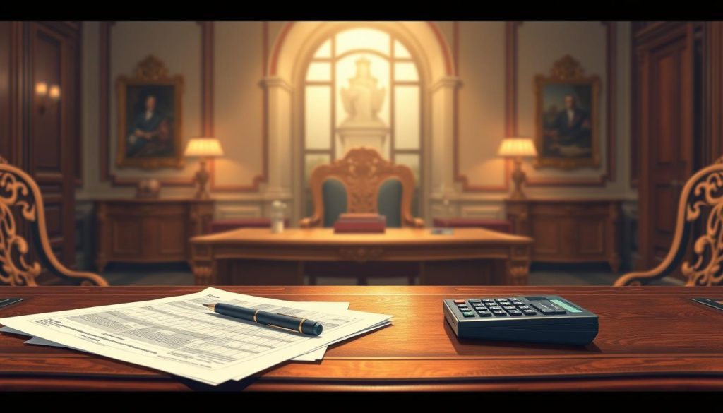 A detailed illustration of inheritance tax exemption limits, showcasing a formal wooden table with ornate detailing, bathed in warm, soft lighting. In the foreground, financial documents and a calculator rest on the table, hinting at the technical nature of the subject. The middle ground features a subtle backdrop of architectural elements, suggesting an elegant office setting. The overall mood is one of refined professionalism, conveying the gravity and importance of the topic.