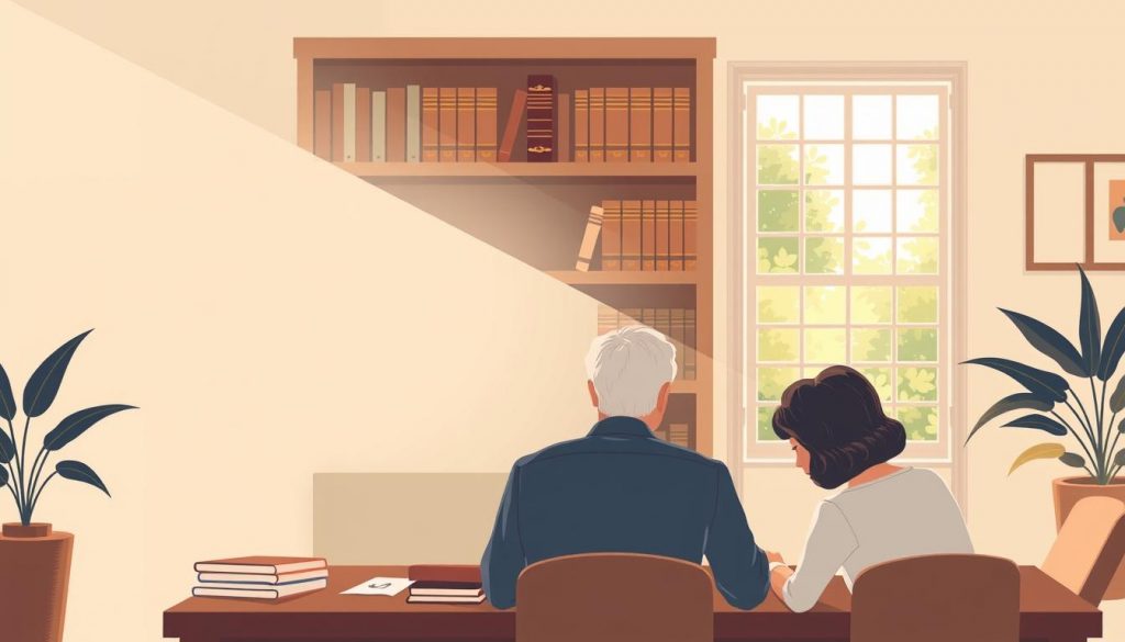 A detailed illustration of inheritance tax planning, set against a warm, muted color palette. In the foreground, a family gathers around a table, discussing financial documents and strategies. The middle ground features a bookshelf with reference materials on estate planning and tax law. In the background, a window overlooking a tranquil garden, symbolizing the importance of securing a family's legacy. Soft, natural lighting illuminates the scene, conveying a sense of thoughtfulness and care. The composition emphasizes the collaborative, multigenerational nature of effective inheritance tax planning. A detailed illustration of inheritance tax planning, set against a warm, muted color palette. In the foreground, a family gathers around a table, discussing financial documents and strategies. The middle ground features a bookshelf with reference materials on estate planning and tax law. In the background, a window overlooking a tranquil garden, symbolizing the importance of securing a family's legacy. Soft, natural lighting illuminates the scene, conveying a sense of thoughtfulness and care. The composition emphasizes the collaborative, multigenerational nature of effective inheritance tax planning.