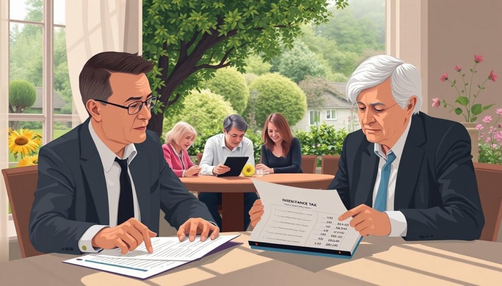 A detailed illustration of life insurance policies as a mechanism for minimizing inheritance tax liability. In the foreground, a financial advisor reviews policy documents with a client, their expressions conveying the gravity of the discussion. In the middle ground, a family gathered around a table, their faces lit by the soft glow of a tablet displaying inheritance tax calculations. In the background, a lush English garden, suggesting the generational wealth that life insurance can help preserve. Subtle patterns of light and shadow create a refined, professional atmosphere, emphasizing the importance of this financial planning process. A detailed illustration of life insurance policies as a mechanism for minimizing inheritance tax liability. In the foreground, a financial advisor reviews policy documents with a client, their expressions conveying the gravity of the discussion. In the middle ground, a family gathered around a table, their faces lit by the soft glow of a tablet displaying inheritance tax calculations. In the background, a lush English garden, suggesting the generational wealth that life insurance can help preserve. Subtle patterns of light and shadow create a refined, professional atmosphere, emphasizing the importance of this financial planning process.