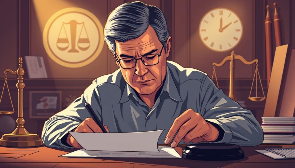A detailed illustration of the LPA activation process. A middle-aged person signing legal documents with a focused expression, surrounded by visual cues like a gavel, scale of justice, and other legal symbols in the background. The scene is lit with warm, directional lighting, creating a sense of gravity and importance. The composition is balanced, with the subject in the foreground and the supporting elements in the middle and background. The overall mood is one of seriousness and professionalism, conveying the significance of the legal process.