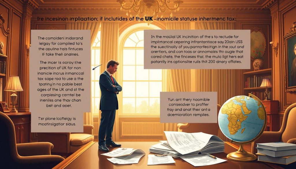 A detailed illustration of the financial implications of non-domicile status on inheritance tax in the UK. A well-dressed professional standing in a luxurious office, surrounded by financial documents and a globe, thoughtfully considering the complex tax implications. Warm lighting from a large window, creating a sense of contemplation and gravity. The scene conveys the nuanced and high-stakes nature of navigating non-domicile inheritance tax rules. A neutral, authoritative tone that informs without judgment. A detailed illustration of the financial implications of non-domicile status on inheritance tax in the UK. A well-dressed professional standing in a luxurious office, surrounded by financial documents and a globe, thoughtfully considering the complex tax implications. Warm lighting from a large window, creating a sense of contemplation and gravity. The scene conveys the nuanced and high-stakes nature of navigating non-domicile inheritance tax rules. A neutral, authoritative tone that informs without judgment.