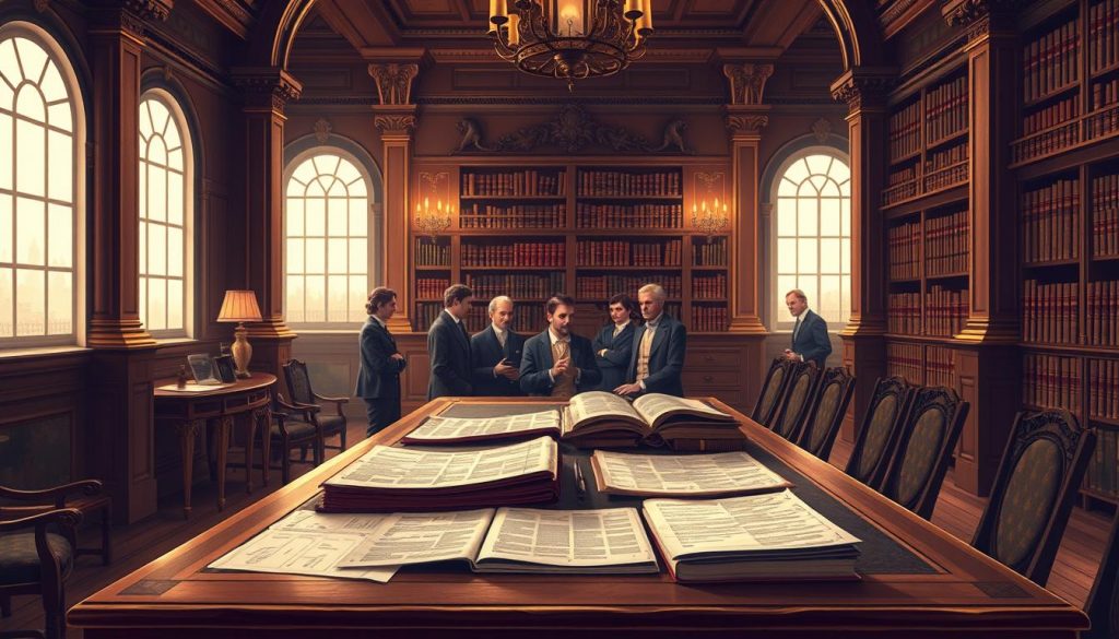 A detailed illustration of the history of inheritance tax in the United Kingdom. A grand, ornate hall with ornate columns and arched windows, bathed in warm, ambient lighting. In the foreground, an elegant, antique wooden table displaying historical documents and ledgers, conveying the weight of history. In the middle ground, a group of distinguished-looking individuals, dressed in period attire, engaged in thoughtful discussion. In the background, shelves filled with leather-bound books, hinting at the scholarly nature of the topic. The overall atmosphere is one of tradition, gravitas, and the gradual evolution of a complex financial system over time. A detailed illustration of the history of inheritance tax in the United Kingdom. A grand, ornate hall with ornate columns and arched windows, bathed in warm, ambient lighting. In the foreground, an elegant, antique wooden table displaying historical documents and ledgers, conveying the weight of history. In the middle ground, a group of distinguished-looking individuals, dressed in period attire, engaged in thoughtful discussion. In the background, shelves filled with leather-bound books, hinting at the scholarly nature of the topic. The overall atmosphere is one of tradition, gravitas, and the gradual evolution of a complex financial system over time.