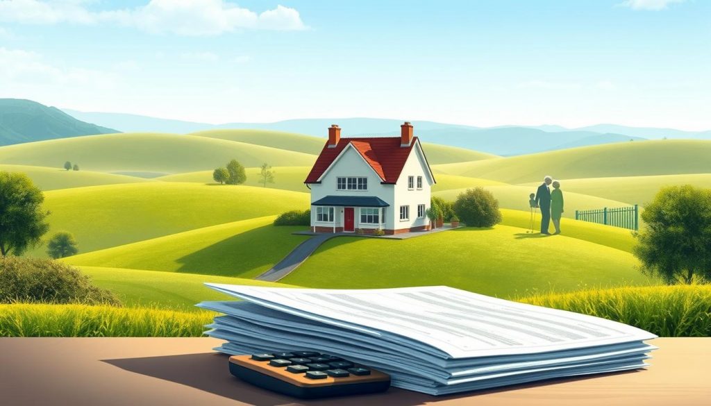 A detailed illustration of the inheritance tax nil rate band, depicting a house or family home as the central focal point. The home is nestled in a serene, verdant landscape with rolling hills and a tranquil blue sky overhead. Soft, diffused lighting casts a warm, inviting glow on the scene. In the foreground, a stack of financial documents or a calculator symbolizes the tax planning aspect, while in the background, a faint silhouette of a family or elderly couple conveys the personal significance of the nil rate band. The overall composition strikes a balance between the practical and the emotional, reflecting the nuances of inheritance tax planning.