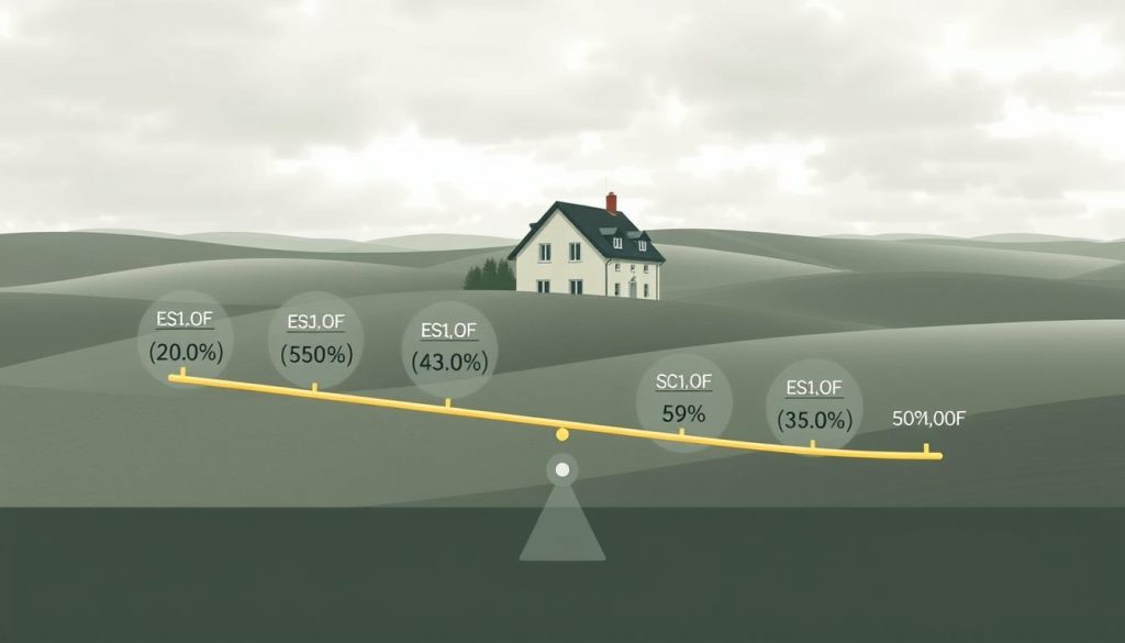 A detailed illustration of the inheritance tax rates in the United Kingdom. In the foreground, a scale representing the different tax brackets, with clear percentages and thresholds. In the middle ground, a stylized representation of a family house, symbolizing the assets subject to inheritance tax. In the background, a minimalist landscape with rolling hills and a cloudy sky, conveying a sense of solemnity and financial planning. The image should be rendered with a muted color palette, using a combination of realistic and abstract elements to create a visually striking and informative representation of the inheritance tax system.