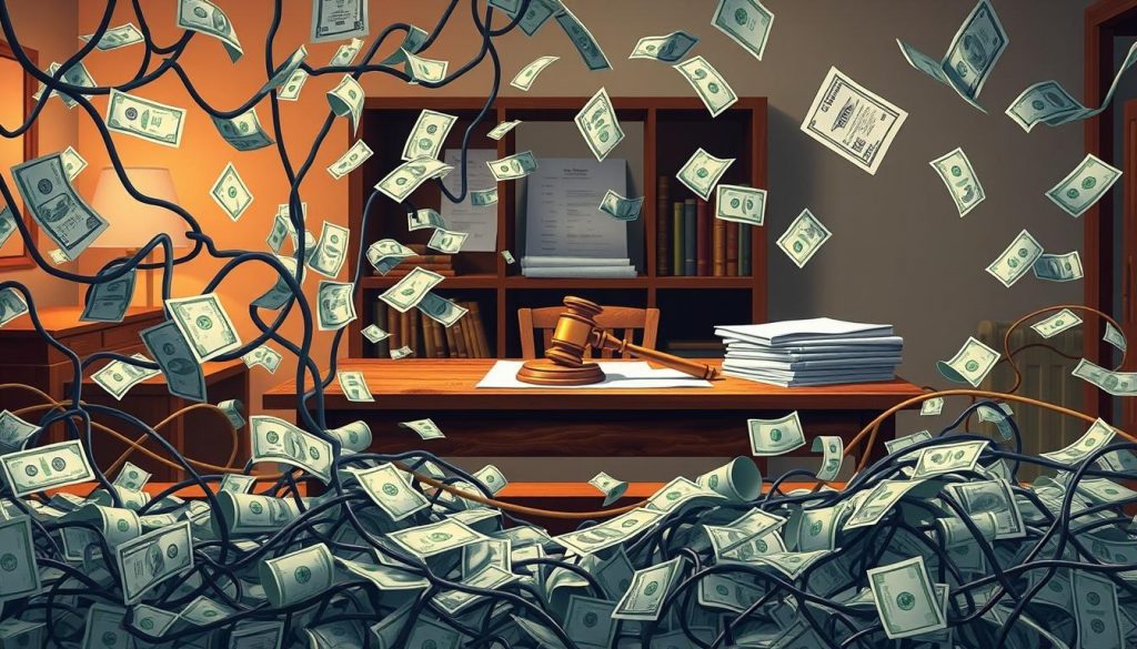 A detailed illustration of the tax implications of trust termination. In the foreground, a complex web of dollar bills, tax forms, and financial documents cascades outward, symbolizing the intricate financial considerations. In the middle ground, a solid oak table with a trustee's gavel and a stack of documents, conveying the legal and administrative aspects. In the background, a warm, muted palette with hints of financial charts and graphs, creating an atmosphere of thoughtful contemplation. Illuminated by soft, diffused lighting that casts subtle shadows, lending a sense of contemplative gravity to the scene. A detailed illustration of the tax implications of trust termination. In the foreground, a complex web of dollar bills, tax forms, and financial documents cascades outward, symbolizing the intricate financial considerations. In the middle ground, a solid oak table with a trustee's gavel and a stack of documents, conveying the legal and administrative aspects. In the background, a warm, muted palette with hints of financial charts and graphs, creating an atmosphere of thoughtful contemplation. Illuminated by soft, diffused lighting that casts subtle shadows, lending a sense of contemplative gravity to the scene.