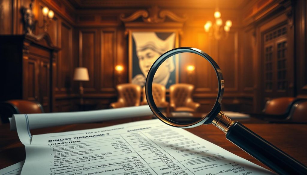 A detailed illustration of the tax implications of using a trust, depicted in a realistic, photorealistic style. The foreground shows a complex financial document with calculations and legal jargon, representing the intricate paperwork and regulations involved. In the middle ground, a magnifying glass hovers over the document, emphasizing the scrutiny and attention required. The background features a dimly lit, traditional office setting with wood paneling and ornate furnishings, conveying a sense of gravitas and institutional authority. The overall lighting is warm and subdued, creating a contemplative, serious atmosphere befitting the subject matter. A detailed illustration of the tax implications of using a trust, depicted in a realistic, photorealistic style. The foreground shows a complex financial document with calculations and legal jargon, representing the intricate paperwork and regulations involved. In the middle ground, a magnifying glass hovers over the document, emphasizing the scrutiny and attention required. The background features a dimly lit, traditional office setting with wood paneling and ornate furnishings, conveying a sense of gravitas and institutional authority. The overall lighting is warm and subdued, creating a contemplative, serious atmosphere befitting the subject matter.