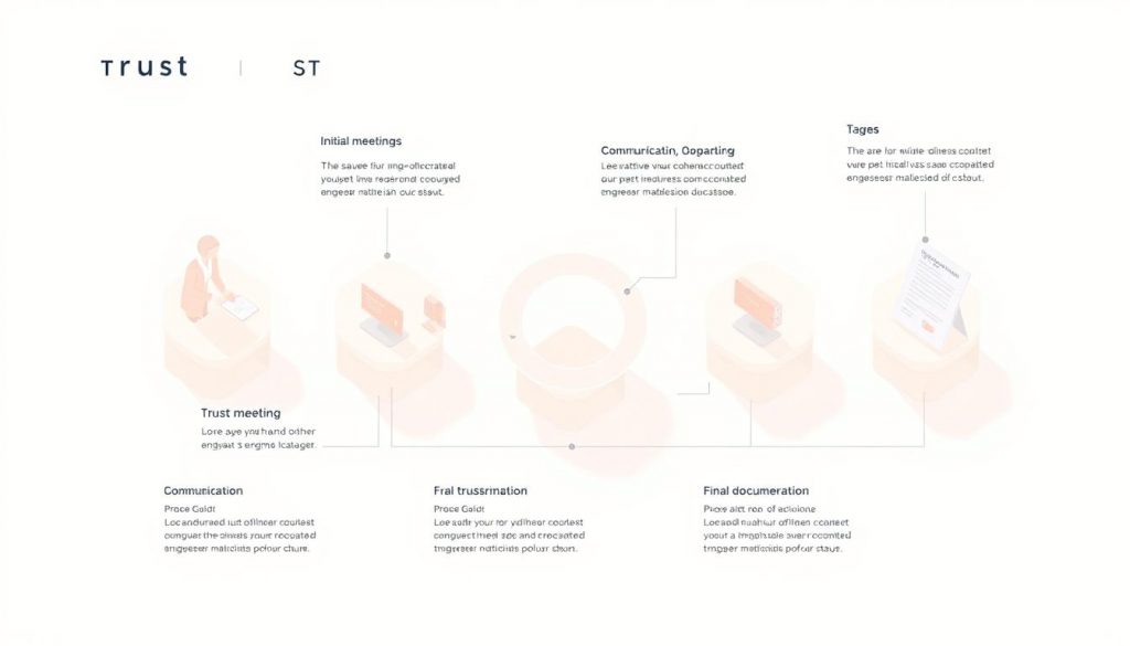 A detailed illustration of the trust formation process, showcasing the key stages and interactions. A clean, minimalist composition with a soothing, pastel color palette. A well-lit, isometric view captures the step-by-step flow, from initial meeting to final documentation. Transparent, interconnected shapes represent the pillars of trust - communication, cooperation, and shared understanding. Subtle shadows and soft lighting convey a sense of stability and reliability. The overall scene exudes a professional, trustworthy atmosphere, suitable for visualizing the trust establishment procedure. A detailed illustration of the trust formation process, showcasing the key stages and interactions. A clean, minimalist composition with a soothing, pastel color palette. A well-lit, isometric view captures the step-by-step flow, from initial meeting to final documentation. Transparent, interconnected shapes represent the pillars of trust - communication, cooperation, and shared understanding. Subtle shadows and soft lighting convey a sense of stability and reliability. The overall scene exudes a professional, trustworthy atmosphere, suitable for visualizing the trust establishment procedure.