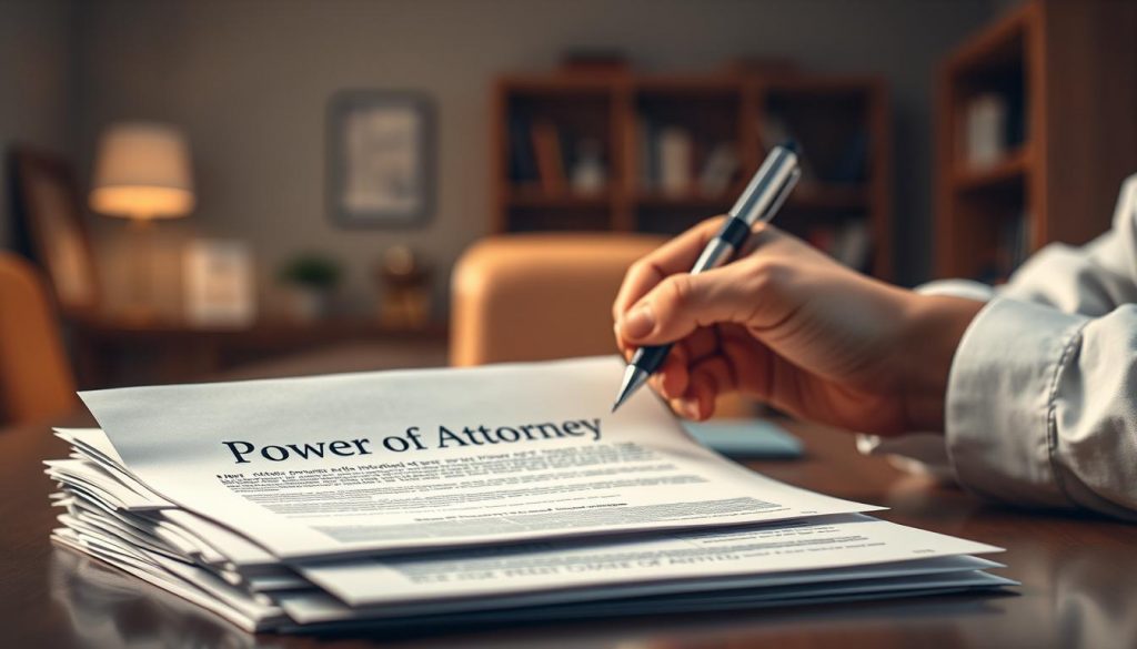 A detailed illustration of various types of power of attorney, captured under soft, diffused lighting with a warm, inviting atmosphere. In the foreground, a stack of official-looking documents representing different power of attorney forms, their pages gently illuminated. In the middle ground, a hand carefully holding a pen, ready to sign the documents. The background subtly fades into a muted office setting, hints of wooden furniture and bookshelves creating a sense of professionalism and security. The overall composition conveys the importance and complexity of power of attorney, inviting the viewer to engage with the subject matter. A detailed illustration of various types of power of attorney, captured under soft, diffused lighting with a warm, inviting atmosphere. In the foreground, a stack of official-looking documents representing different power of attorney forms, their pages gently illuminated. In the middle ground, a hand carefully holding a pen, ready to sign the documents. The background subtly fades into a muted office setting, hints of wooden furniture and bookshelves creating a sense of professionalism and security. The overall composition conveys the importance and complexity of power of attorney, inviting the viewer to engage with the subject matter.