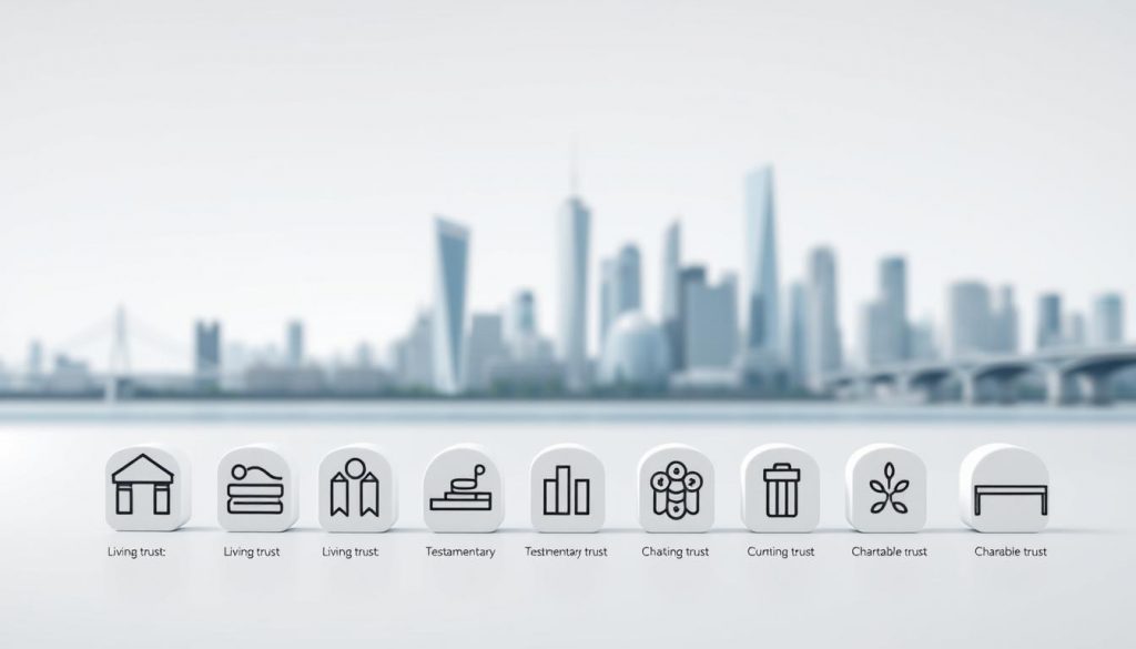 A detailed illustration of various types of trusts commonly used in the UK, captured in a clean, minimalist style. In the foreground, a series of simple icons representing different trust structures, such as living trusts, testamentary trusts, and charitable trusts. In the middle ground, a sleek, modern cityscape with skyscrapers and bridges, hinting at the legal and financial landscape of the UK. The background features a subtle gradient, conveying a sense of professionalism and authority. The lighting is soft and diffused, creating a sense of depth and dimensionality. The overall composition is balanced and harmonious, with a focus on conveying the subject matter in a clear and visually engaging manner.