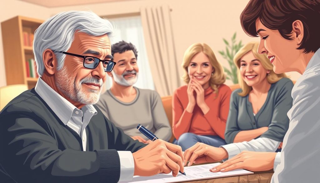 A detailed illustration showcasing the benefits of power of attorney. In the foreground, a middle-aged person signing legal documents, exuding a sense of control and preparedness. In the middle ground, family members expressing relief and gratitude, their faces reflecting the peace of mind that comes with having a power of attorney in place. The background depicts a peaceful domestic scene, with warm lighting and soft textures, symbolizing the sense of security and comfort that the power of attorney provides. The overall composition conveys the importance of this legal instrument in safeguarding one's wishes and protecting loved ones, with a tone of thoughtfulness and responsible planning. A detailed illustration showcasing the benefits of power of attorney. In the foreground, a middle-aged person signing legal documents, exuding a sense of control and preparedness. In the middle ground, family members expressing relief and gratitude, their faces reflecting the peace of mind that comes with having a power of attorney in place. The background depicts a peaceful domestic scene, with warm lighting and soft textures, symbolizing the sense of security and comfort that the power of attorney provides. The overall composition conveys the importance of this legal instrument in safeguarding one's wishes and protecting loved ones, with a tone of thoughtfulness and responsible planning.