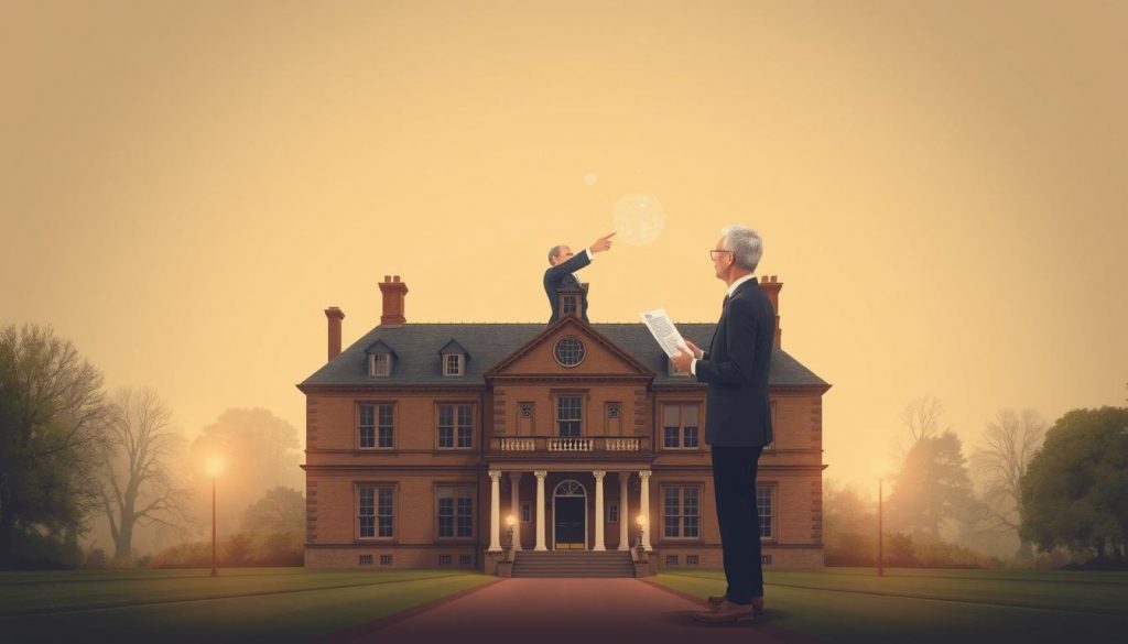 A detailed illustration showcasing the interplay between UK inheritance tax and equity release. Set against a muted, subdued background, the foreground depicts a stately manor house, its timeless grandeur suggesting the generational wealth at stake. In the mid-ground, a financial advisor gestures towards a document, symbolizing the complexities of inheritance planning. Soft, warm lighting illuminates the scene, creating an atmosphere of contemplation and thoughtful consideration. The overall composition emphasizes the need to navigate the nuances of inheritance tax and equity release, a critical decision for preserving family assets. A detailed illustration showcasing the interplay between UK inheritance tax and equity release. Set against a muted, subdued background, the foreground depicts a stately manor house, its timeless grandeur suggesting the generational wealth at stake. In the mid-ground, a financial advisor gestures towards a document, symbolizing the complexities of inheritance planning. Soft, warm lighting illuminates the scene, creating an atmosphere of contemplation and thoughtful consideration. The overall composition emphasizes the need to navigate the nuances of inheritance tax and equity release, a critical decision for preserving family assets.