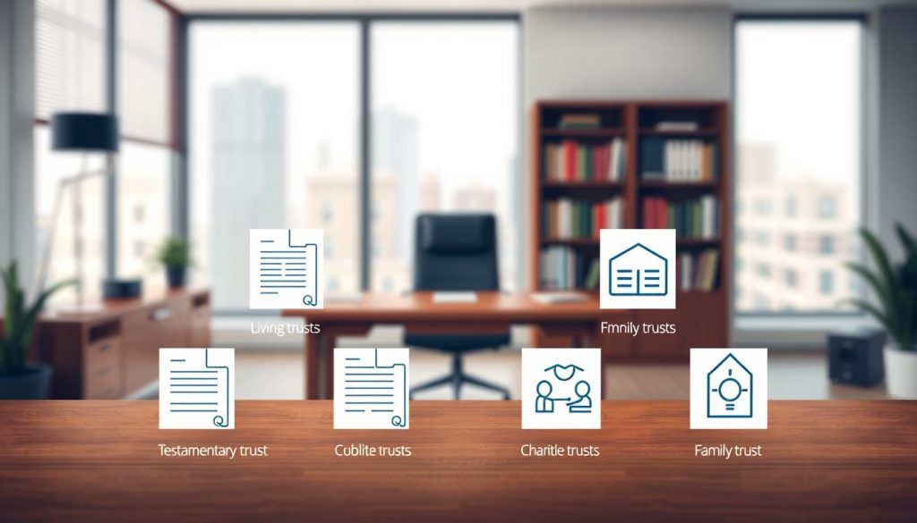 A detailed illustration showcasing various types of trusts, captured through a clear photographic lens. The foreground features a central arrangement of trust document icons, including living trusts, testamentary trusts, charitable trusts, and family trusts, each with distinct visual representations. The middle ground depicts a serene, minimalist office setting, with a wooden desk, a well-stocked bookshelf, and soft, natural lighting filtering through large windows. The background maintains a sense of depth, with a blurred, out-of-focus cityscape visible, hinting at the broader legal and financial context in which these trust structures operate. The overall composition strikes a balance between the specificity of the trust types and the broader, professional environment, creating a visually compelling and informative image.