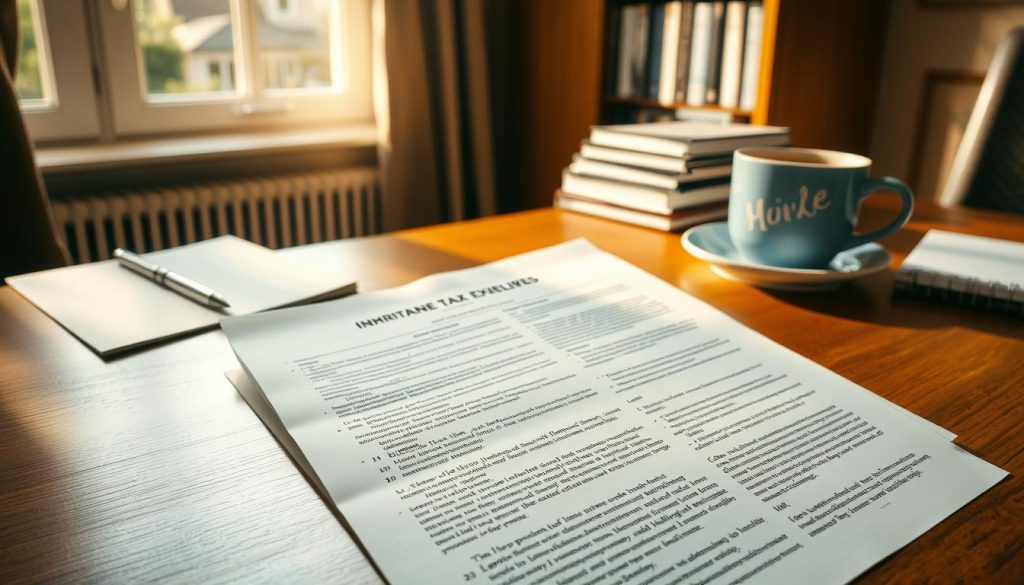 A detailed inheritance tax exemptions and reliefs document rests on a wooden desk. The document showcases various legal paragraphs and financial figures against a backdrop of a warm, well-lit office environment. Warm sunlight streams through a window, casting a soft glow on the scene. The desk is neatly organized, with a pen, notepad, and a cup of coffee nearby, conveying a sense of professionalism and thoughtful consideration. The overall atmosphere is one of informed decision-making and financial planning, reflecting the importance of understanding inheritance tax exemptions and reliefs. A detailed inheritance tax exemptions and reliefs document rests on a wooden desk. The document showcases various legal paragraphs and financial figures against a backdrop of a warm, well-lit office environment. Warm sunlight streams through a window, casting a soft glow on the scene. The desk is neatly organized, with a pen, notepad, and a cup of coffee nearby, conveying a sense of professionalism and thoughtful consideration. The overall atmosphere is one of informed decision-making and financial planning, reflecting the importance of understanding inheritance tax exemptions and reliefs.