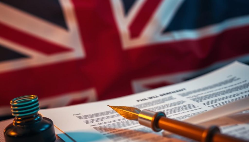 A detailed legal document against a backdrop of the British flag, with a quill pen and an inkwell in the foreground. The document's pages are crisp and well-organized, reflecting the formality and importance of the UK's will requirements. The lighting is soft and warm, creating a sense of authority and professionalism. The composition is balanced, with the flag and document occupying the majority of the frame, and the writing implements drawing the eye to the details. The overall mood is one of gravitas and attention to legal precision. A detailed legal document against a backdrop of the British flag, with a quill pen and an inkwell in the foreground. The document's pages are crisp and well-organized, reflecting the formality and importance of the UK's will requirements. The lighting is soft and warm, creating a sense of authority and professionalism. The composition is balanced, with the flag and document occupying the majority of the frame, and the writing implements drawing the eye to the details. The overall mood is one of gravitas and attention to legal precision.