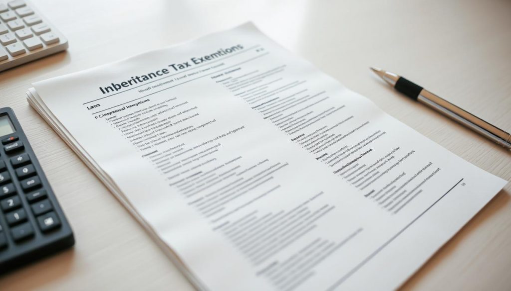 A detailed list of inheritance tax exemptions presented on a clean, well-organized desk. The pages feature crisp typography and a structured layout, conveying a sense of authority and professionalism. The lighting is soft and diffused, creating a warm, inviting atmosphere. The camera angle is slightly elevated, providing an overview of the documents without distracting details. The scene exudes a tone of clarity and informative guidance, suitable for an article on UK inheritance tax exemptions.