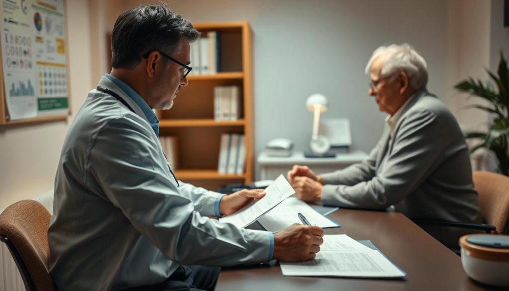 A detailed mental capacity assessment taking place in a professional clinical setting. The foreground shows a doctor carefully reviewing documents and administering tests to an elderly patient seated across a desk. Soft, warm lighting illuminates the scene, creating a sense of care and empathy. The middle ground features a bookshelf and medical equipment, conveying an atmosphere of expertise and diligence. The background is slightly blurred, focusing the viewer's attention on the assessment process. The overall mood is one of thoughtful evaluation, with a focus on the patient's well-being and ability to make important decisions. A detailed mental capacity assessment taking place in a professional clinical setting. The foreground shows a doctor carefully reviewing documents and administering tests to an elderly patient seated across a desk. Soft, warm lighting illuminates the scene, creating a sense of care and empathy. The middle ground features a bookshelf and medical equipment, conveying an atmosphere of expertise and diligence. The background is slightly blurred, focusing the viewer's attention on the assessment process. The overall mood is one of thoughtful evaluation, with a focus on the patient's well-being and ability to make important decisions.