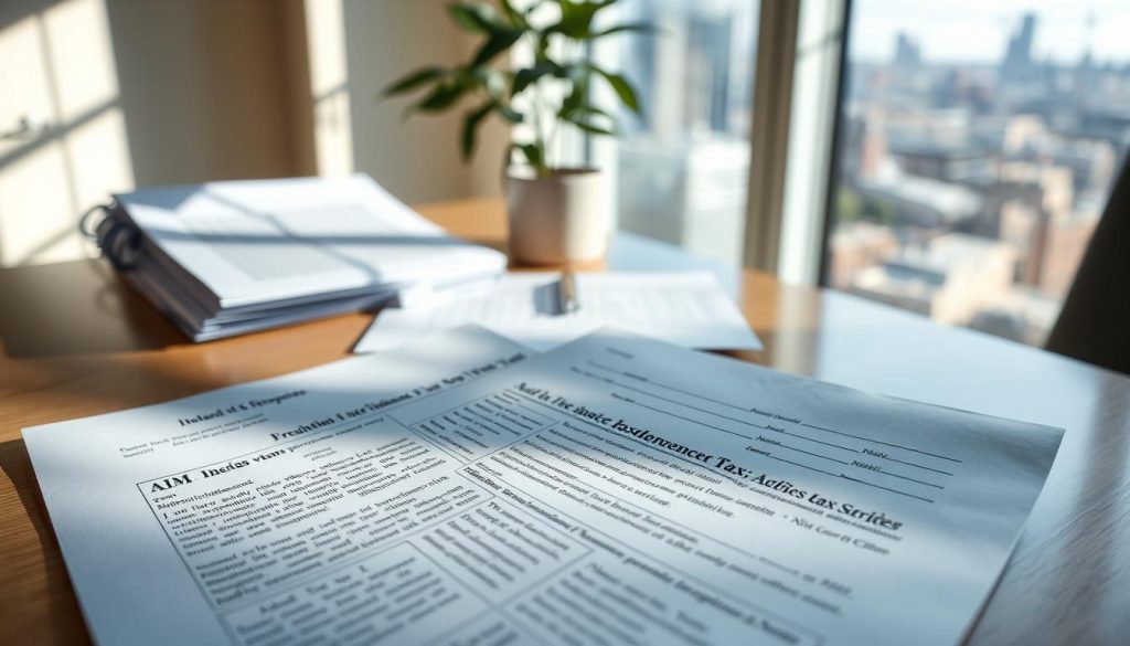A detailed portrait of a British inheritance tax notice on AIM shares, captured with a high-resolution camera in natural light. The document fills the foreground, its text and fine print clearly visible, casting subtle shadows. In the middle ground, a financial ledger or spreadsheet is partially obscured, hinting at the complex calculations involved. The background depicts a serene office setting, with a clean desk, a potted plant, and a window offering a glimpse of a bustling urban landscape beyond, representing the broader financial landscape in which these tax matters are navigated.