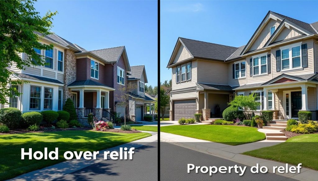 A detailed side-by-side comparison of two properties, showcasing the differences between hold over relief and other property-related relief measures. Capture the contrasting architectural styles, landscaping, and overall aesthetic in a crisp, high-resolution image. Utilize natural lighting and a slightly elevated perspective to provide a comprehensive view of the properties. Convey a sense of balance and objectivity, as if an impartial observer documenting the key distinctions between these relief options.