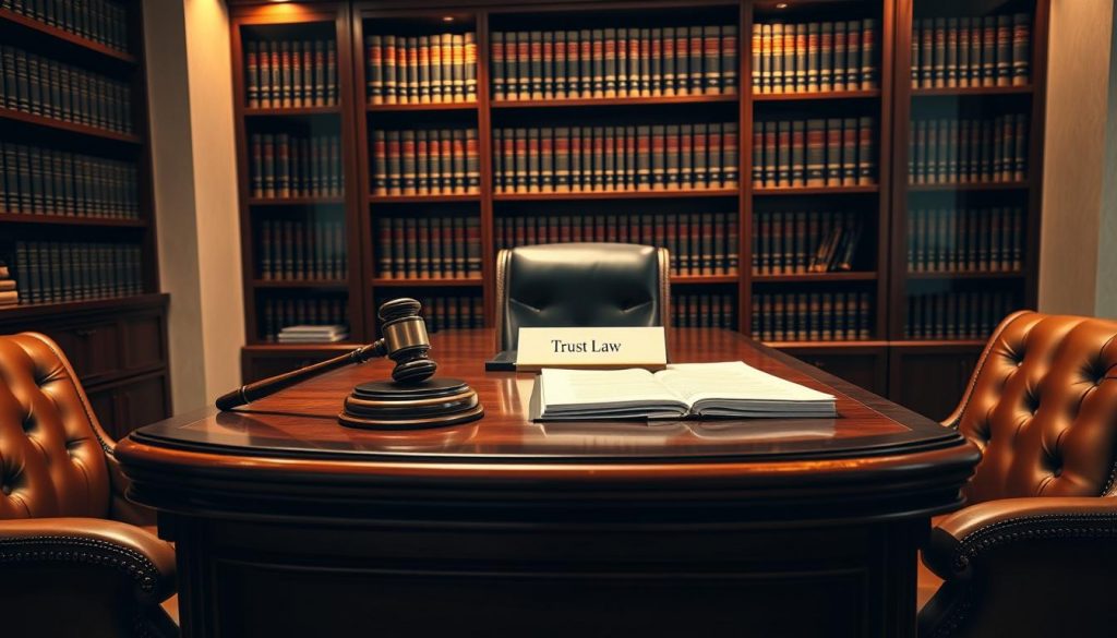 A detailed, sleek legal office setting with a large, imposing wooden desk and a wall-mounted bookshelf filled with law books in the background. On the desk, a gavel, a nameplate reading "Trust Law", and a stack of legal documents. Warm, directional lighting casts dramatic shadows and highlights the textures of the polished wood and leather furnishings. The mood is one of authority, professionalism, and the gravity of the legal system. The camera angle is slightly low, conveying the importance and weight of the subject matter. A detailed, sleek legal office setting with a large, imposing wooden desk and a wall-mounted bookshelf filled with law books in the background. On the desk, a gavel, a nameplate reading "Trust Law", and a stack of legal documents. Warm, directional lighting casts dramatic shadows and highlights the textures of the polished wood and leather furnishings. The mood is one of authority, professionalism, and the gravity of the legal system. The camera angle is slightly low, conveying the importance and weight of the subject matter.