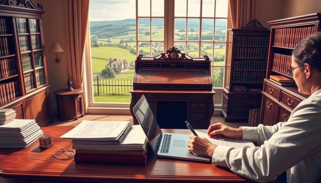 A detailed step-by-step depiction of the UK inheritance tax payment process. In the foreground, a person diligently fills out inheritance tax forms at a neat wooden desk, surrounded by stacks of documents and a laptop. The middle ground features an ornate antique bureau and a bookshelf filled with legal volumes, conveying the gravity of the task. In the background, a large window overlooks a lush English countryside, with rolling hills and a quaint village in the distance, hinting at the family legacy being settled. The lighting is warm and inviting, with soft shadows adding depth, while the overall mood is one of solemn responsibility and careful attention to detail. A detailed step-by-step depiction of the UK inheritance tax payment process. In the foreground, a person diligently fills out inheritance tax forms at a neat wooden desk, surrounded by stacks of documents and a laptop. The middle ground features an ornate antique bureau and a bookshelf filled with legal volumes, conveying the gravity of the task. In the background, a large window overlooks a lush English countryside, with rolling hills and a quaint village in the distance, hinting at the family legacy being settled. The lighting is warm and inviting, with soft shadows adding depth, while the overall mood is one of solemn responsibility and careful attention to detail.