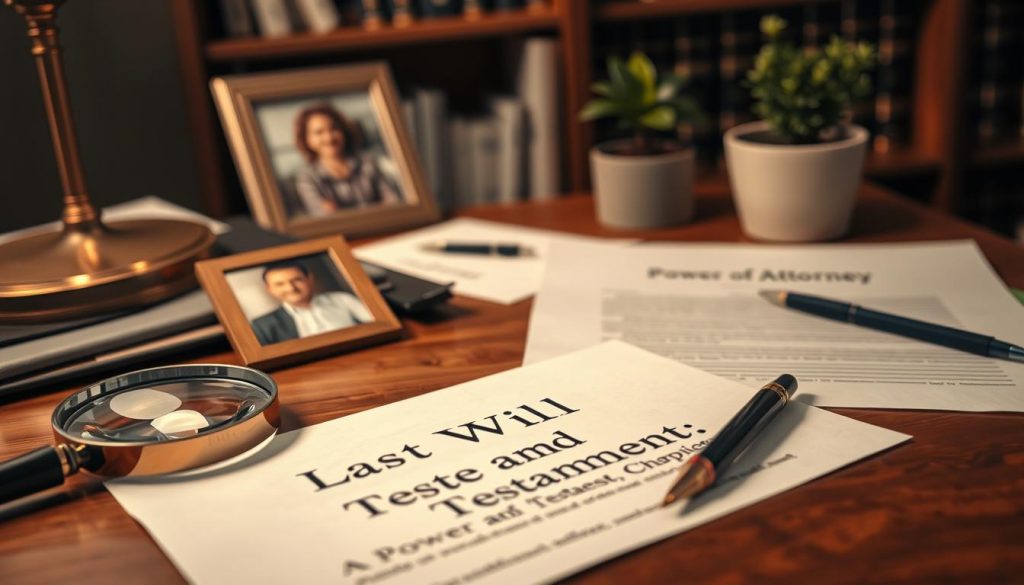 A detailed still life composition showcasing various estate planning tools. In the foreground, a wooden desk with a magnifying glass, a pen, and a document titled "Last Will and Testament". In the middle ground, a folder labeled "Power of Attorney" and a family photo. In the background, a bookshelf with legal volumes and a small potted plant. The lighting is soft and warm, creating a professional yet personal atmosphere. The scene is captured from a slightly elevated angle, emphasizing the importance and gravity of the subject matter. A detailed still life composition showcasing various estate planning tools. In the foreground, a wooden desk with a magnifying glass, a pen, and a document titled "Last Will and Testament". In the middle ground, a folder labeled "Power of Attorney" and a family photo. In the background, a bookshelf with legal volumes and a small potted plant. The lighting is soft and warm, creating a professional yet personal atmosphere. The scene is captured from a slightly elevated angle, emphasizing the importance and gravity of the subject matter.