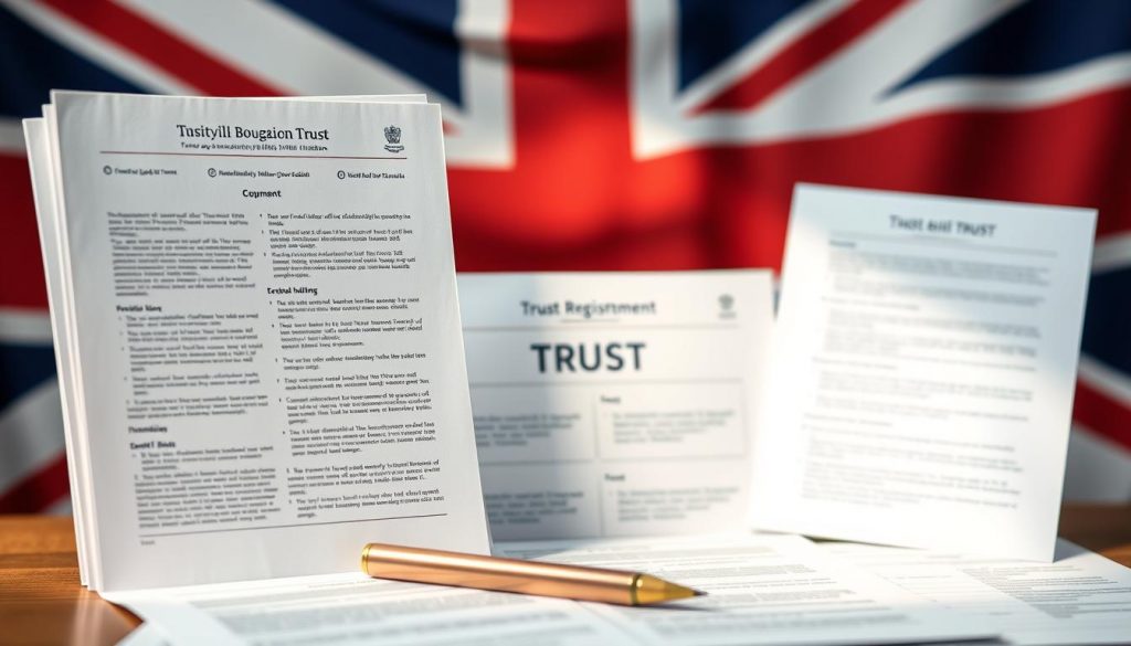 A detailed technical illustration showcasing the legal requirements for establishing a trust in the United Kingdom. The foreground depicts official government documents and forms, meticulously rendered in a neutral, bureaucratic style. The middle ground features a clean, minimalist layout highlighting key trust registration steps, conveying a sense of structure and legality. The background comprises a subtle, softly blurred Union Jack flag, subtly reinforcing the British context. The overall mood is one of professional, authoritative clarity, guiding the viewer through the necessary procedures. Realistic lighting emphasizes the three-dimensional nature of the elements, while a slightly high camera angle adds an air of importance to the subject matter. A detailed technical illustration showcasing the legal requirements for establishing a trust in the United Kingdom. The foreground depicts official government documents and forms, meticulously rendered in a neutral, bureaucratic style. The middle ground features a clean, minimalist layout highlighting key trust registration steps, conveying a sense of structure and legality. The background comprises a subtle, softly blurred Union Jack flag, subtly reinforcing the British context. The overall mood is one of professional, authoritative clarity, guiding the viewer through the necessary procedures. Realistic lighting emphasizes the three-dimensional nature of the elements, while a slightly high camera angle adds an air of importance to the subject matter.