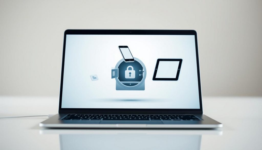 A digital estate plan unfolds in a sleek, minimalist interface. In the foreground, a laptop screen displays a secure digital vault, icons representing assets like online accounts and digital files. Soft, diffused lighting illuminates the scene, evoking a sense of order and protection. In the middle ground, a smartphone and tablet hover, symbolizing the expanding realm of digital possessions. The background blurs into a serene, neutral tone, conveying the importance of organizing one's digital legacy. Subtle shadows and reflections add depth, while the overall composition communicates the growing necessity of comprehensive digital estate planning.