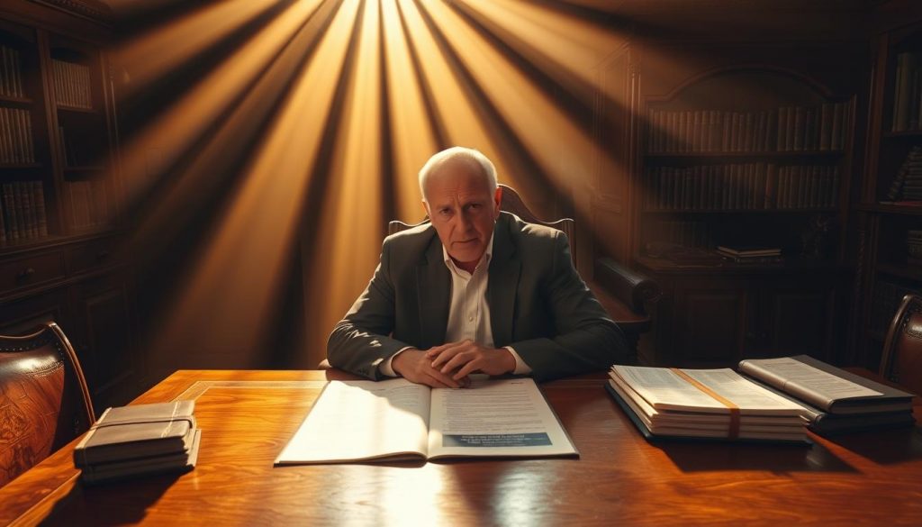 A dimly lit, elegant study with rich wooden furniture and leather-bound books. In the center, a middle-aged man sits at a large oak desk, deep in thought. On the desk, a life insurance policy document lies open, alongside a stack of papers detailing inheritance tax laws. Rays of warm, golden light filter through the window, casting a contemplative mood. The man's gaze is focused, as he considers ways to protect his family's inheritance using the life policy trust mechanism. Subtle, intricate details in the room's decor and furnishings convey a sense of wealth, wisdom and foresight. A dimly lit, elegant study with rich wooden furniture and leather-bound books. In the center, a middle-aged man sits at a large oak desk, deep in thought. On the desk, a life insurance policy document lies open, alongside a stack of papers detailing inheritance tax laws. Rays of warm, golden light filter through the window, casting a contemplative mood. The man's gaze is focused, as he considers ways to protect his family's inheritance using the life policy trust mechanism. Subtle, intricate details in the room's decor and furnishings convey a sense of wealth, wisdom and foresight.