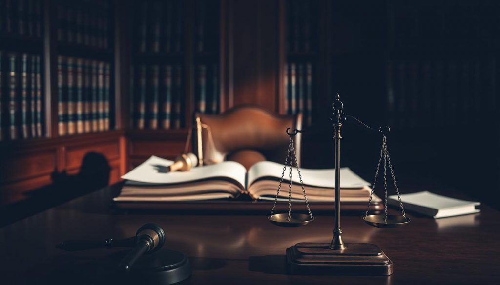 A dimly lit legal office, a mahogany desk prominently displaying a gavel and a stack of official-looking documents. The walls are lined with leather-bound law books, casting warm shadows across the scene. In the foreground, a set of scales of justice sits atop the desk, symbolizing the delicate balance of inheritance tax laws. The lighting is soft and moody, creating a sense of gravity and importance befitting the subject matter. The overall atmosphere conveys the complex, often contentious nature of navigating the legal framework surrounding inheritance tax.