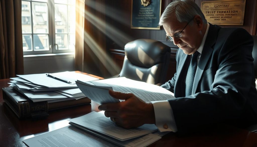 A dimly lit legal office, papers and documents strewn across a mahogany desk. A senior attorney, brow furrowed, meticulously reviewing legal procedures for trust termination. Rays of sunlight filter through the window, casting a somber, contemplative mood. The scene is punctuated by a brass plaque on the wall, engraved with the firm's name, symbolizing the weight of this legal matter. The focus is on the lawyer's hands, delicately handling the documents, as they navigate the intricate steps required to properly end a trust according to the law. A dimly lit legal office, papers and documents strewn across a mahogany desk. A senior attorney, brow furrowed, meticulously reviewing legal procedures for trust termination. Rays of sunlight filter through the window, casting a somber, contemplative mood. The scene is punctuated by a brass plaque on the wall, engraved with the firm's name, symbolizing the weight of this legal matter. The focus is on the lawyer's hands, delicately handling the documents, as they navigate the intricate steps required to properly end a trust according to the law.
