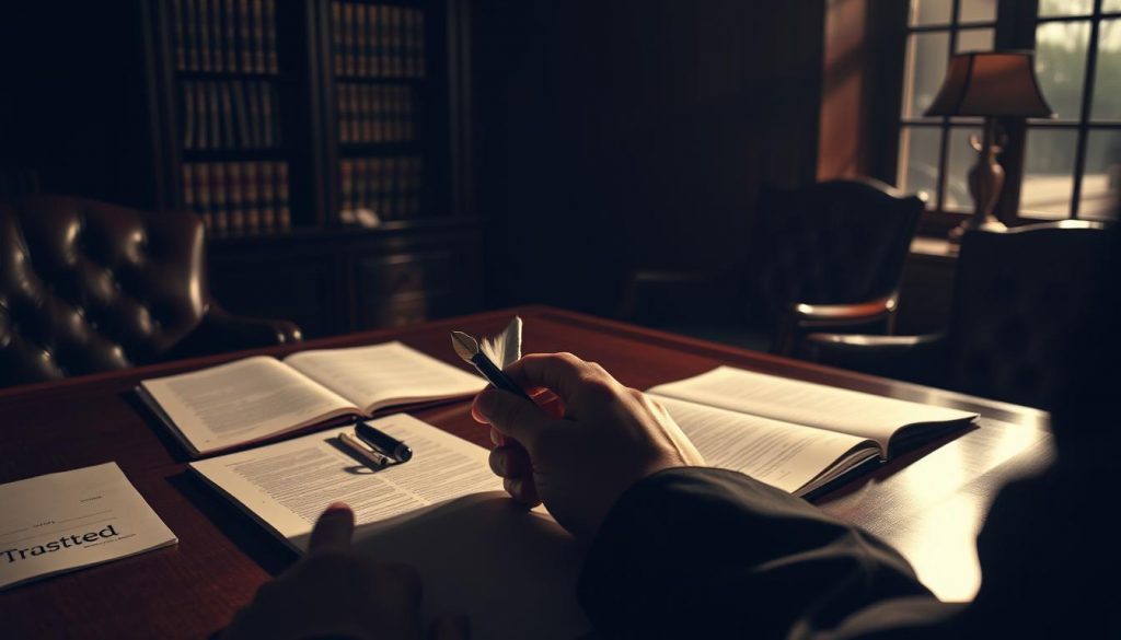 A dimly lit legal office, with a mahogany desk and plush leather chairs. On the desk, a quill pen, an open ledger, and scattered legal documents. In the foreground, a silhouetted figure signing a trust deed, their hand steady and purposeful. Behind them, the faint outlines of shelves filled with law books, casting long shadows across the room. A sense of gravity and tradition pervades the scene, as the trust fund formation process unfolds, guided by the expertise of a seasoned legal professional. Soft, warm lighting illuminates the key details, creating an atmosphere of quiet, focused professionalism. A dimly lit legal office, with a mahogany desk and plush leather chairs. On the desk, a quill pen, an open ledger, and scattered legal documents. In the foreground, a silhouetted figure signing a trust deed, their hand steady and purposeful. Behind them, the faint outlines of shelves filled with law books, casting long shadows across the room. A sense of gravity and tradition pervades the scene, as the trust fund formation process unfolds, guided by the expertise of a seasoned legal professional. Soft, warm lighting illuminates the key details, creating an atmosphere of quiet, focused professionalism.